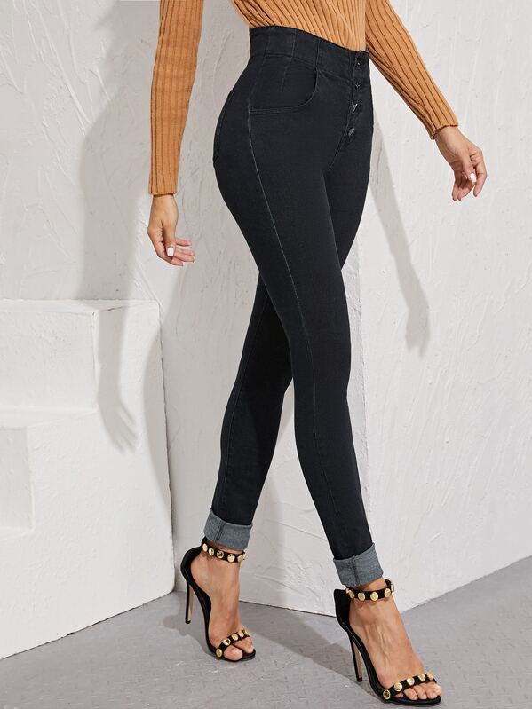 

Rolled Hem Button Up Skinny Jeans, Black, Juliana