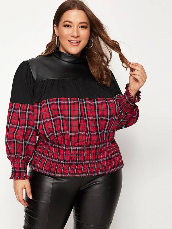 

Plus Shirred Contrast Plaid Mock Neck Blouse, Multicolor, Ray