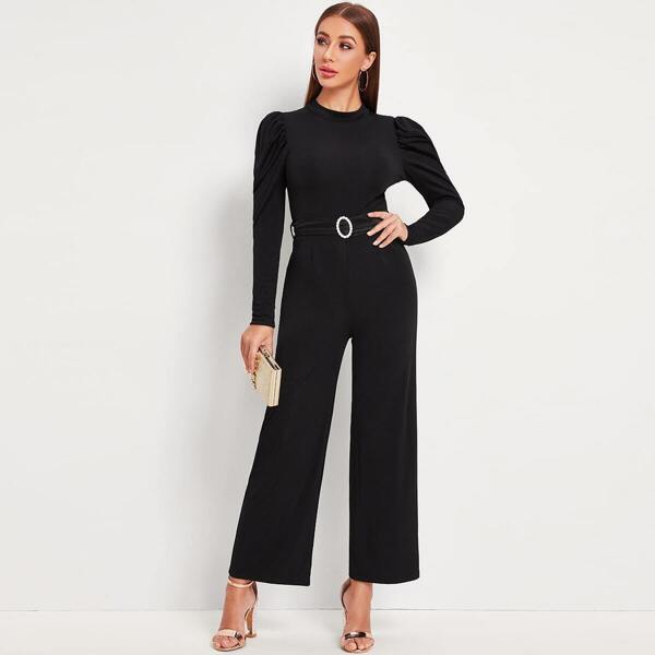 

Solid Puff Sleeve O-ring Belted Jumpsuit