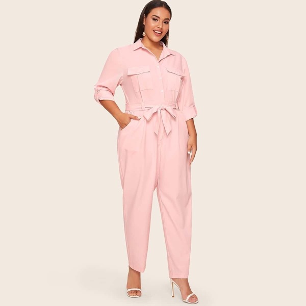 

Plus Dual Pocket Belted Cargo Jumpsuit, Pink