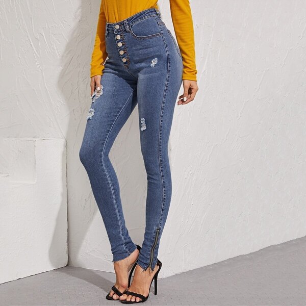 Ripped Zip Up Hem Skinny Jeans, Blue