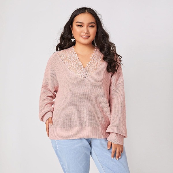 

Plus Lace Panel Drop Shoulder Sweater, Pink