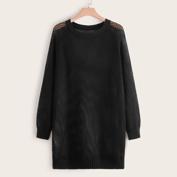 

Plus Pointelle Knit Sheer Longline Sweater, Black