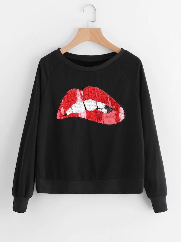 

Plus Contrast Sequins Mouth Pattern Sweatshirt, Black