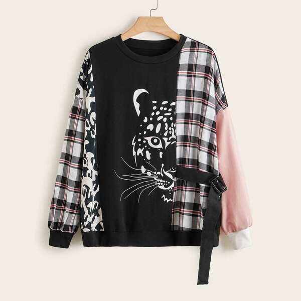 

Plus Contrast Plaid Buckle Detail Sweatshirt