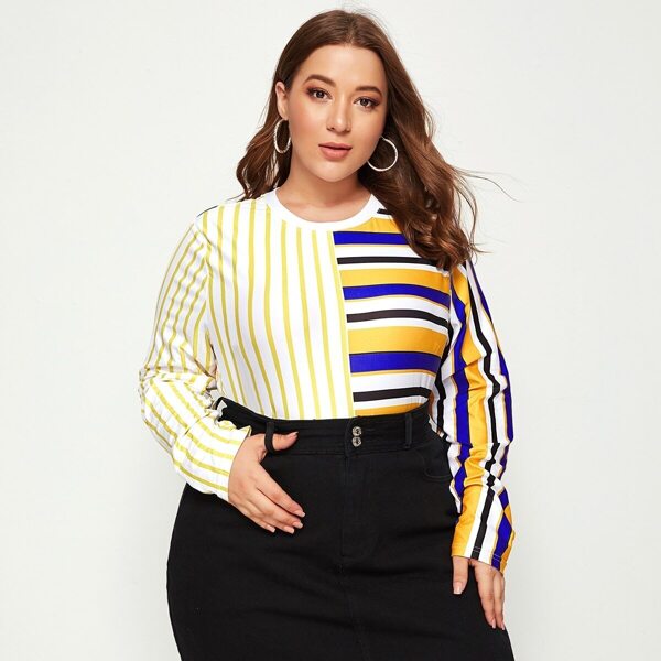 

Plus Striped Long Sleeve Spliced Tee, Multicolor