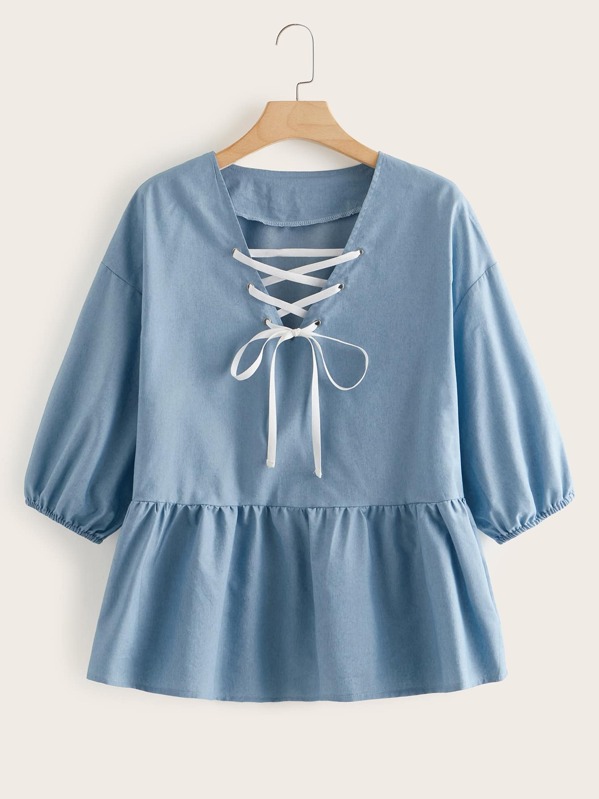 

Plus Lace Up Front Babydoll Denim Top, Blue