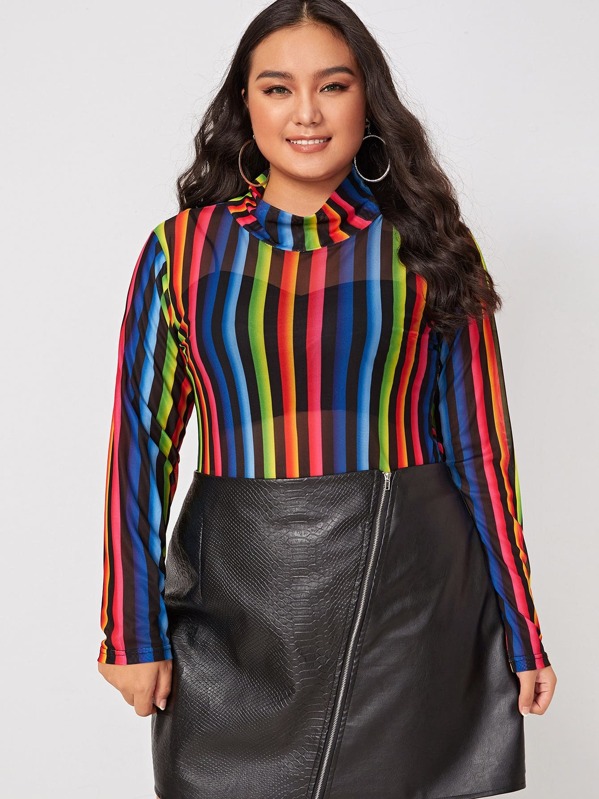 

Plus Colorful Striped Mock Neck Sheer Top, Multicolor, Ma Tian