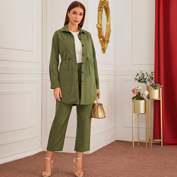 

Drawstring Waist Curved Hem Blouse & Pants Set, Army green