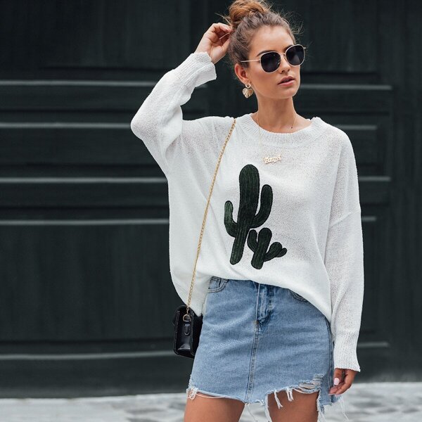 

Cactus Embroidery Drop Shoulder Oversized Sweater, White