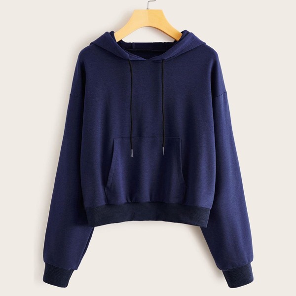 

Drop Shoulder Kangaroo Pocket Drawstring Hoodie, Navy