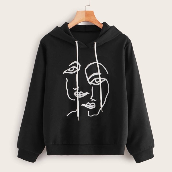 

Abstract Print Long Sleeve Drawstring Hoodie, Black