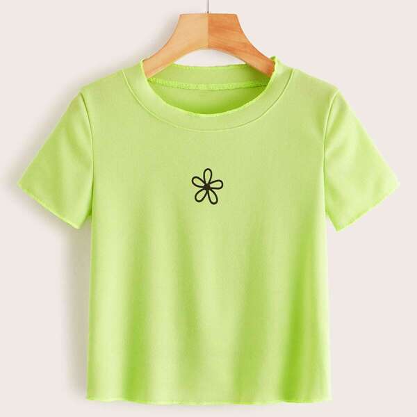 

Floral Embroidery Ribbed Tee, Green