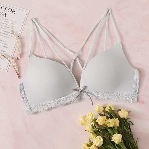 

Lace Trim Crisscross Back Bra, Grey