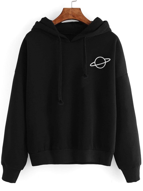 

Planet Print Drop Shoulder Hoodie, Black