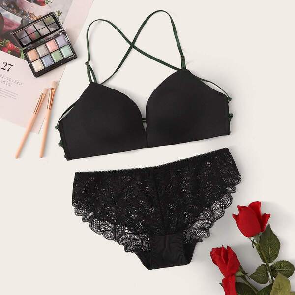 

Floral Lace Crisscross Back Lingerie Set
