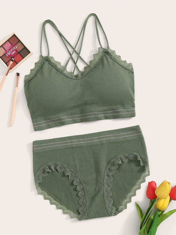 

Crisscross Back Rib Lingerie Set, Army green
