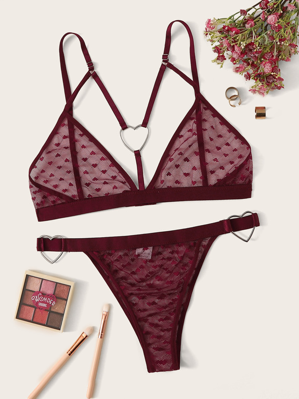 

Heart Ring Harness Sheer Lingerie Set, Burgundy