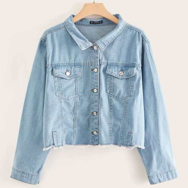 

Plus Button Front Raw Hem Denim Jacket, Blue