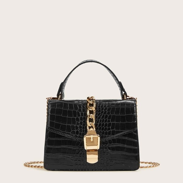 

Croc Embossed Chain Satchel Bag, Black
