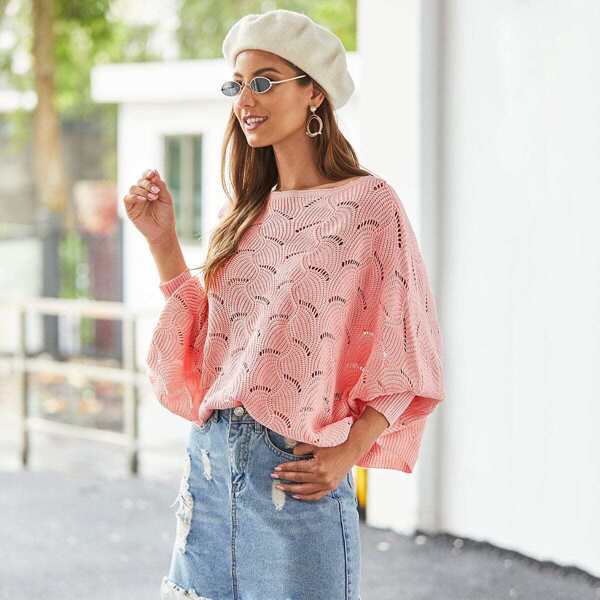 

Batwing Sleeve Open Stitch Sweater, Pink pastel