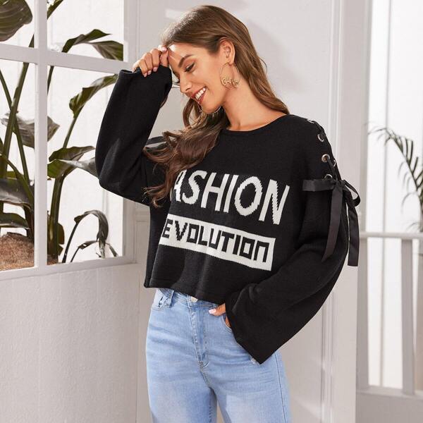 

Slogan Grommet Eyelet Lace Up Sweater