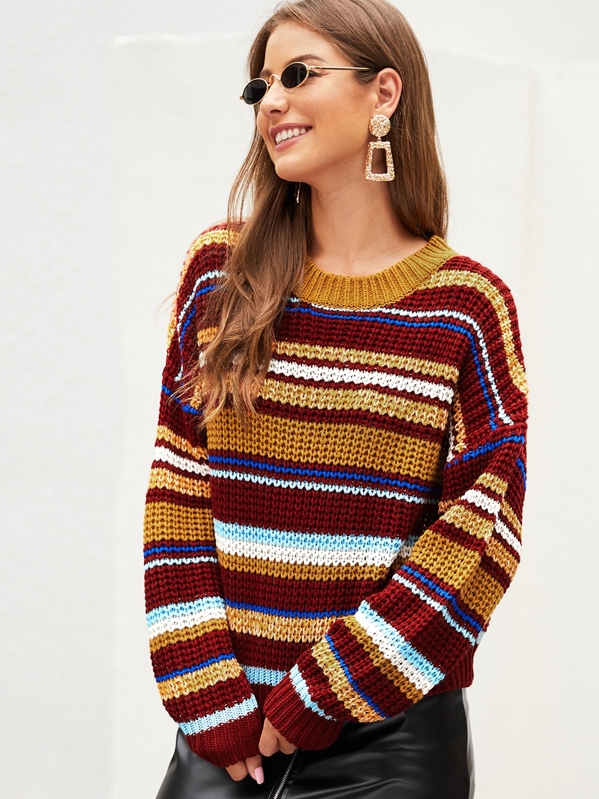 

Drop Shoulder Colorful Striped Knit Sweater, Multicolor, Debi Cruz