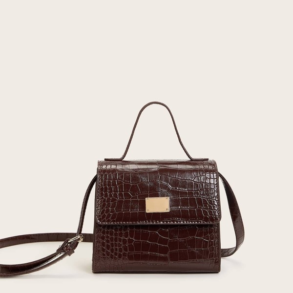 

Croc Embossed Flap Satchel Bag, Brown