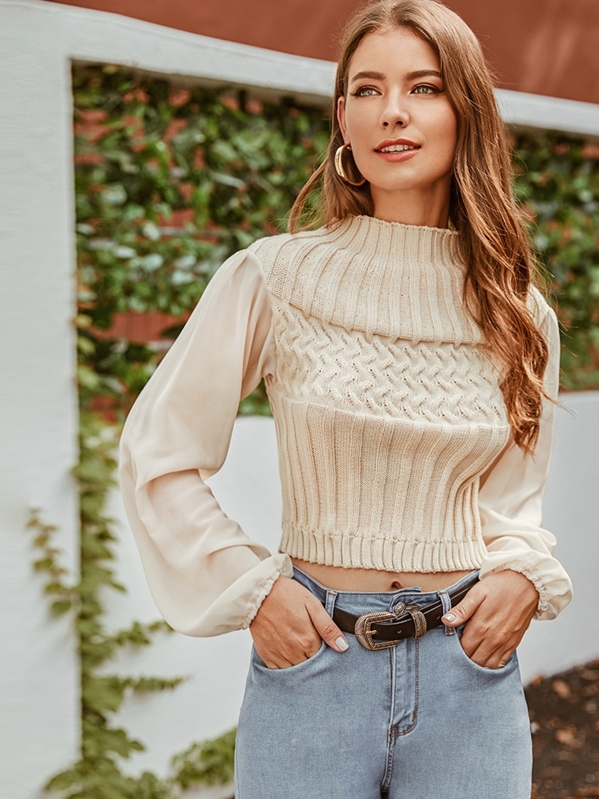 

Mock-neck Mixed Knit Sweater, Beige, Debi Cruz