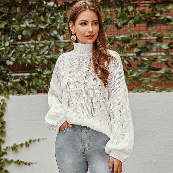 

High Neck Cable Knit Sweater, White
