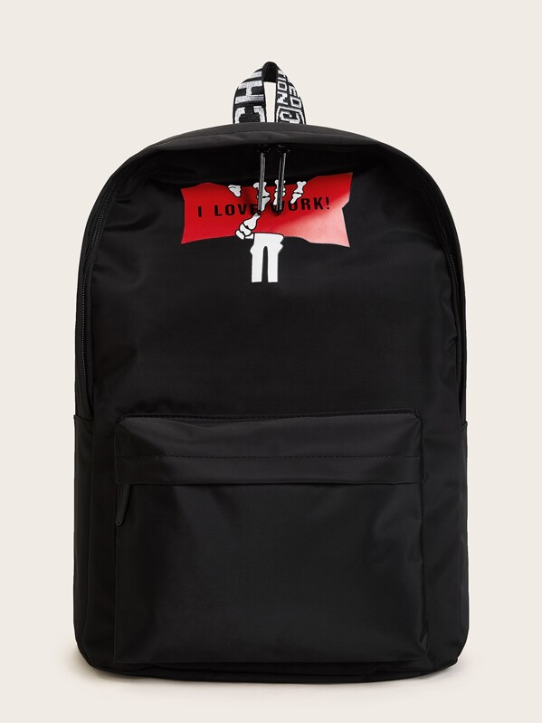 

Slogan Print Pocket Front Backpack, Black