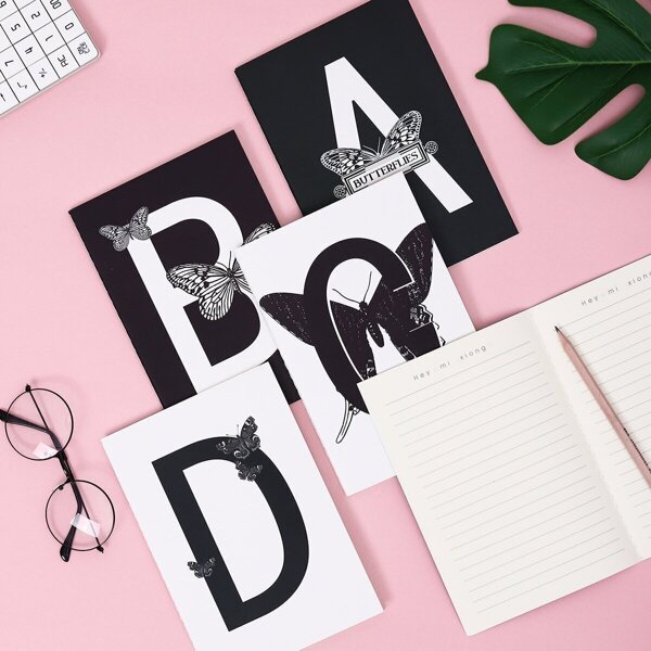

Letter & Butterfly Print Cover Notebook Set 4pcs