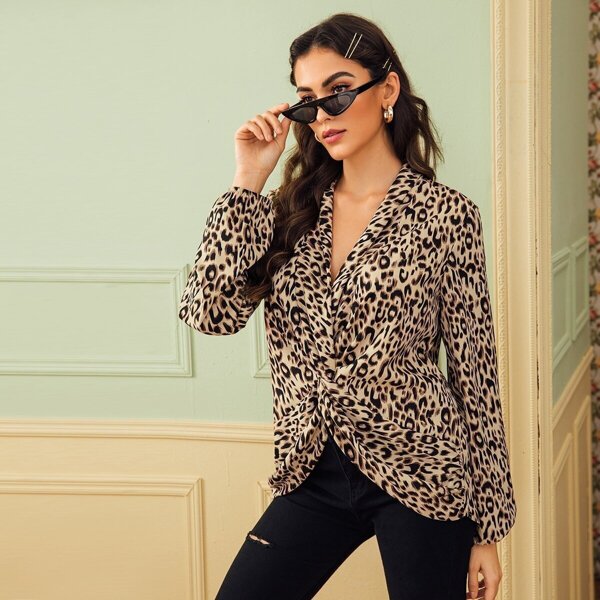 

Leopard Print Shawl Collar Twist Front Blouse