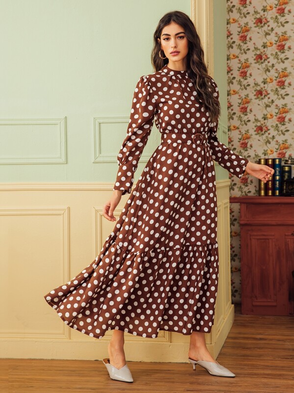 

Polka Dot Stand Collar Belted Flounce Hem Dress, Brown, Carol A