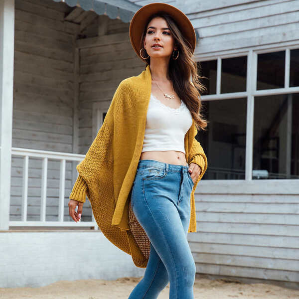 

Solid Open Front Batwing Sleeve Longline Cardigan, Yellow