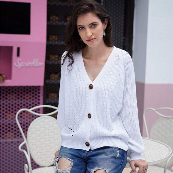 

Solid Eyelet Button Front Cardigan, White