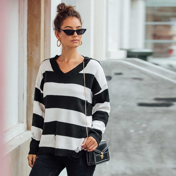 

Black & White Stripe V-Neck Ripped Sweater