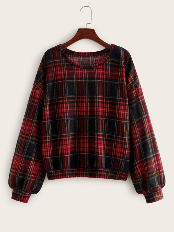 

Plaid Bishop Sleeve Round Neck Sweatshirt, Multicolor