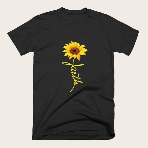

Men Sunflower Print Crew Neck Tee, Black
