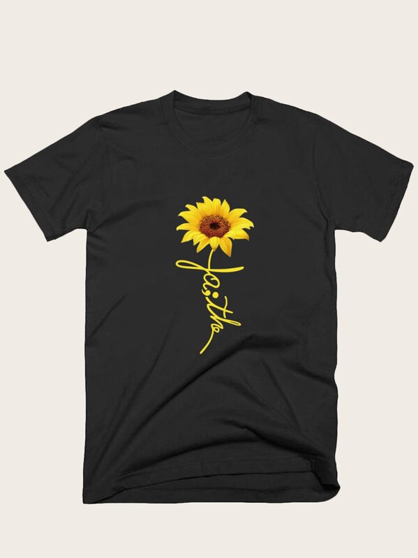 

Men Sunflower Print Crew Neck Tee, Black