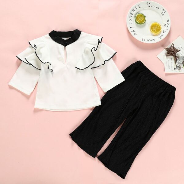 

Toddler Girls Contrast Collar Ruffle Top With Pants
