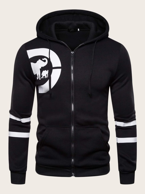 

Men Graphic Print Varsity Striped Drawstring Hoodie, Black