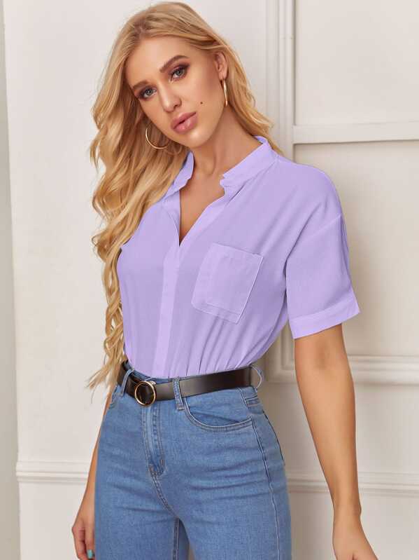 

Notch Neck Pocket Detail Curved Hem Blouse, Purple, SUSU