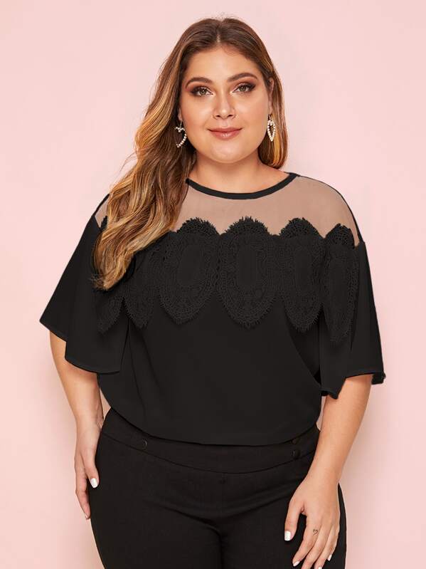 

Plus Solid Contrast Mesh Blouse, Black, Carol
