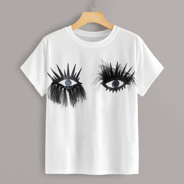 

Eye Print Feather Detail Tee, White