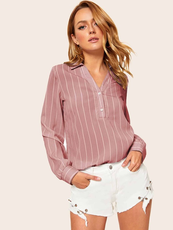 

V-neck Button Half Placket Striped Top, Pink, Rasa B