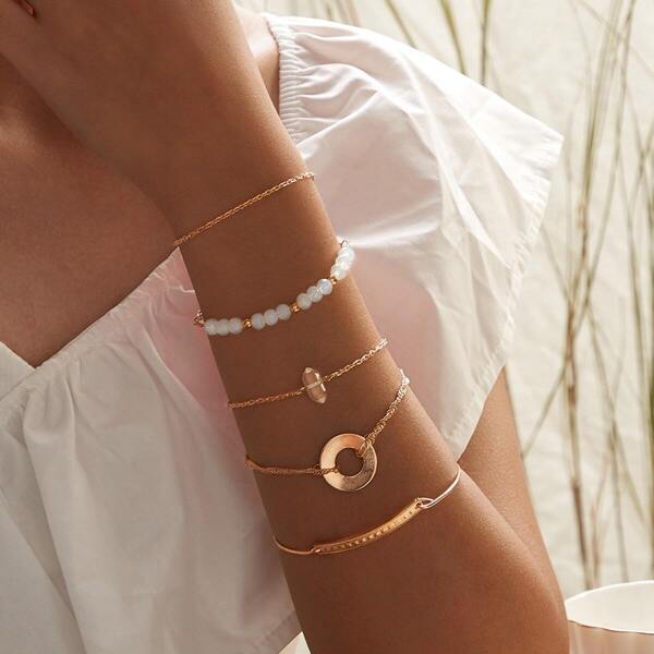 

Ring & Bead Decor Chain Bracelet 6pcs