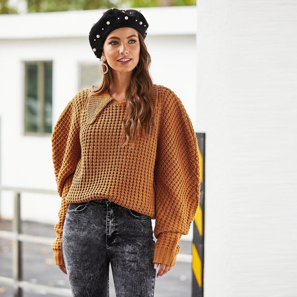 

Peter Pan Collar Exaggerate Sleeve Waffle Knit Sweater, Camel
