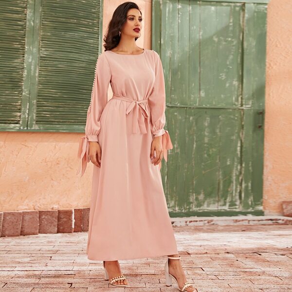 

Pearls Beaded Tie Cuff Self Tie Dress, Pink