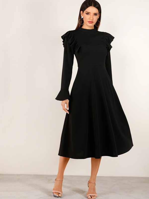 

Solid Mock Neck Ruffle Trim Flounce Sleeve Dress, Black